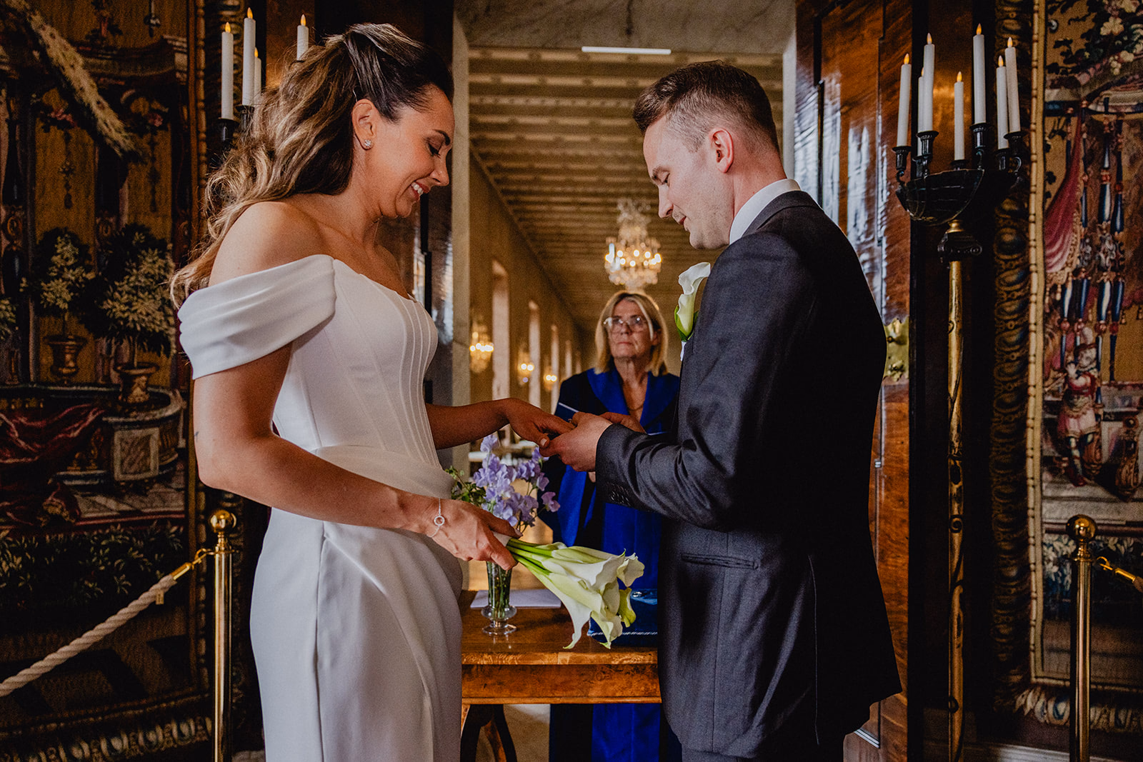 Gintare and Mikael exchanging wedding rings during their civil ceremony at Stockholm City Hall.