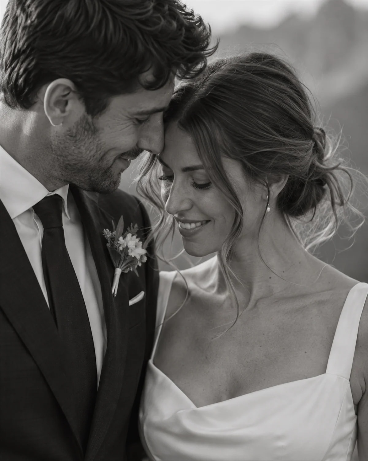 A black-and-white close portrait of a bride and groom during a Cortina d'Ampezzo wedding session.