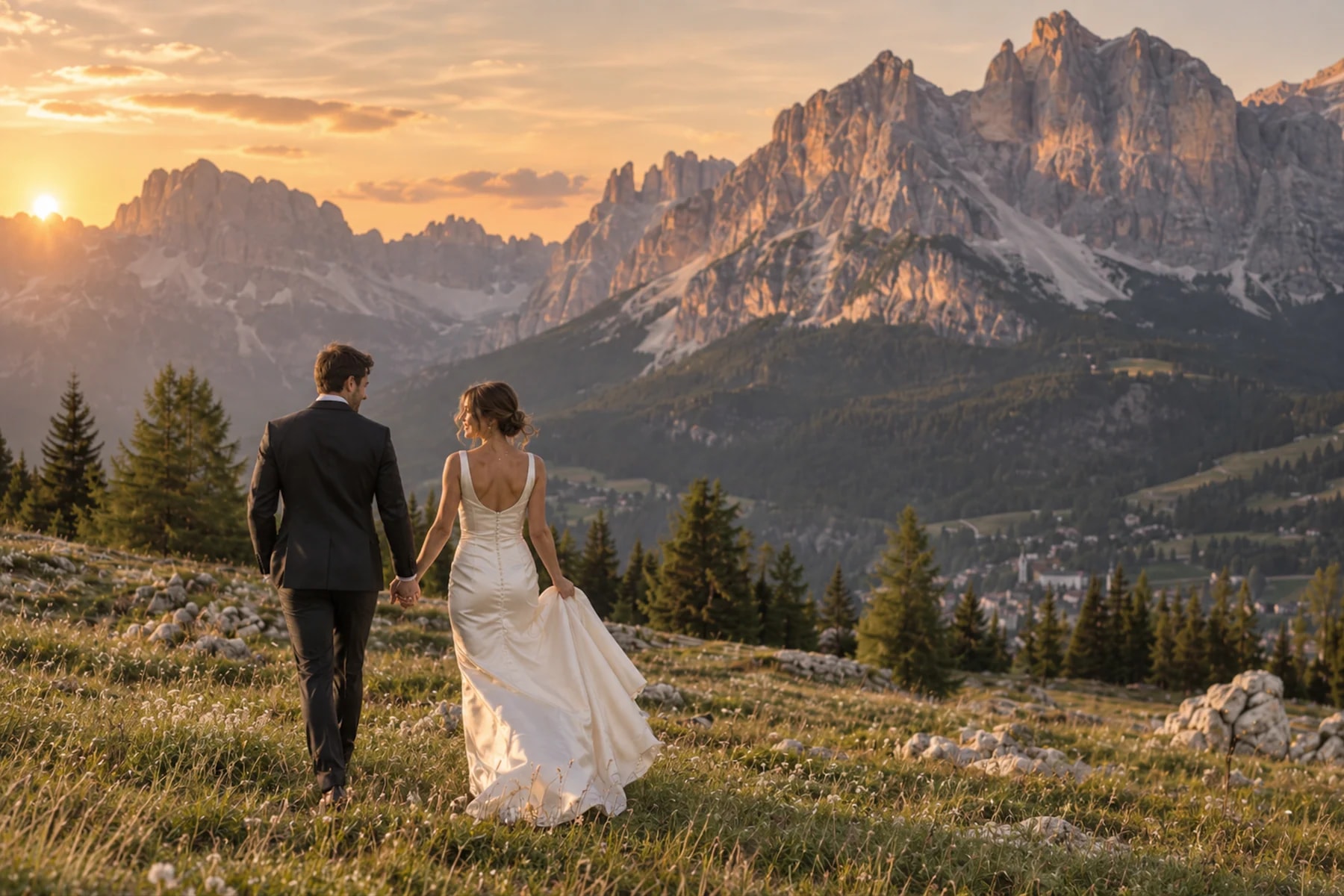 A bride and groom walking hand in hand above Cortina d'Ampezzo at sunset.