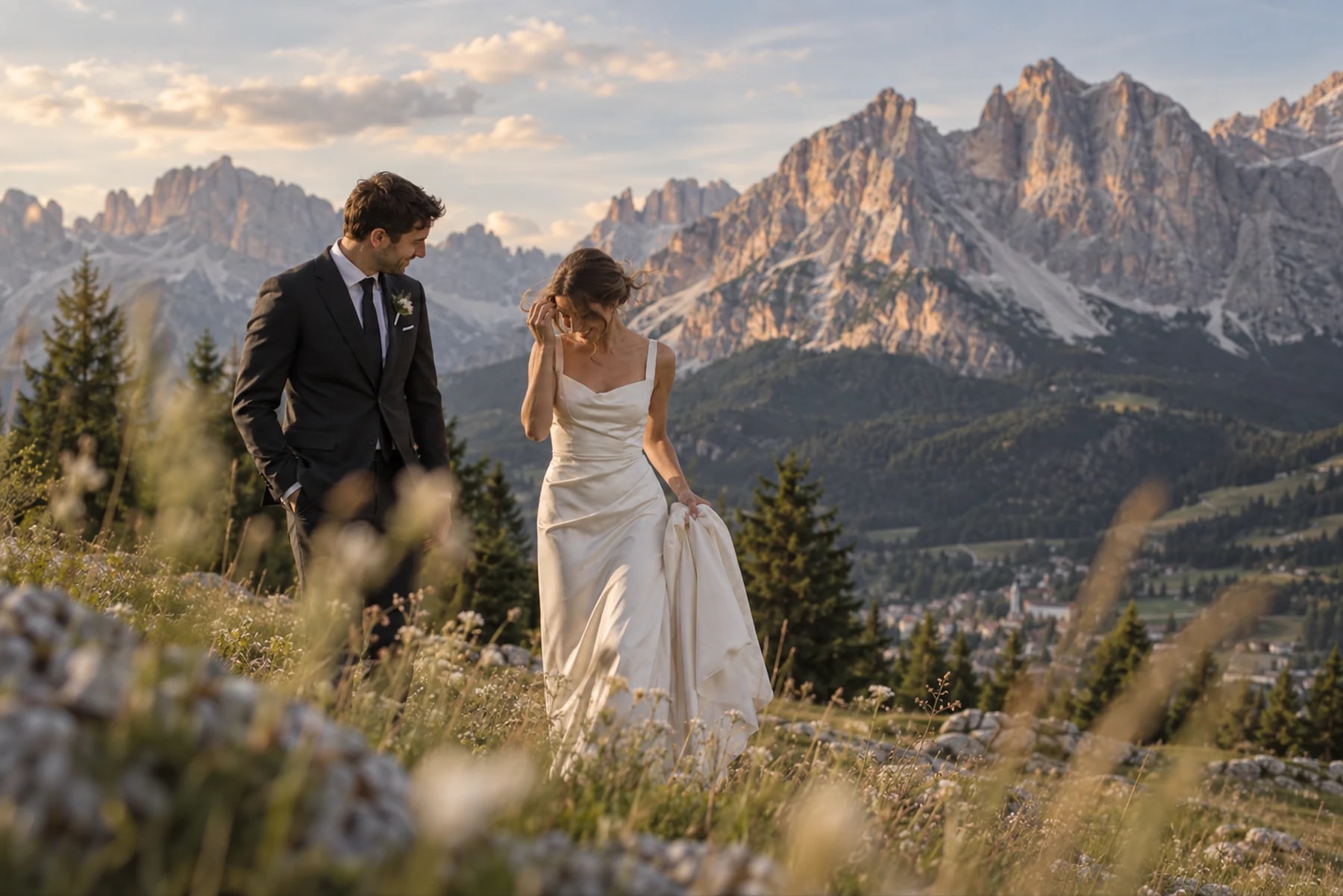 A bride and groom walking above Cortina d'Ampezzo at sunset with the Dolomites behind them.