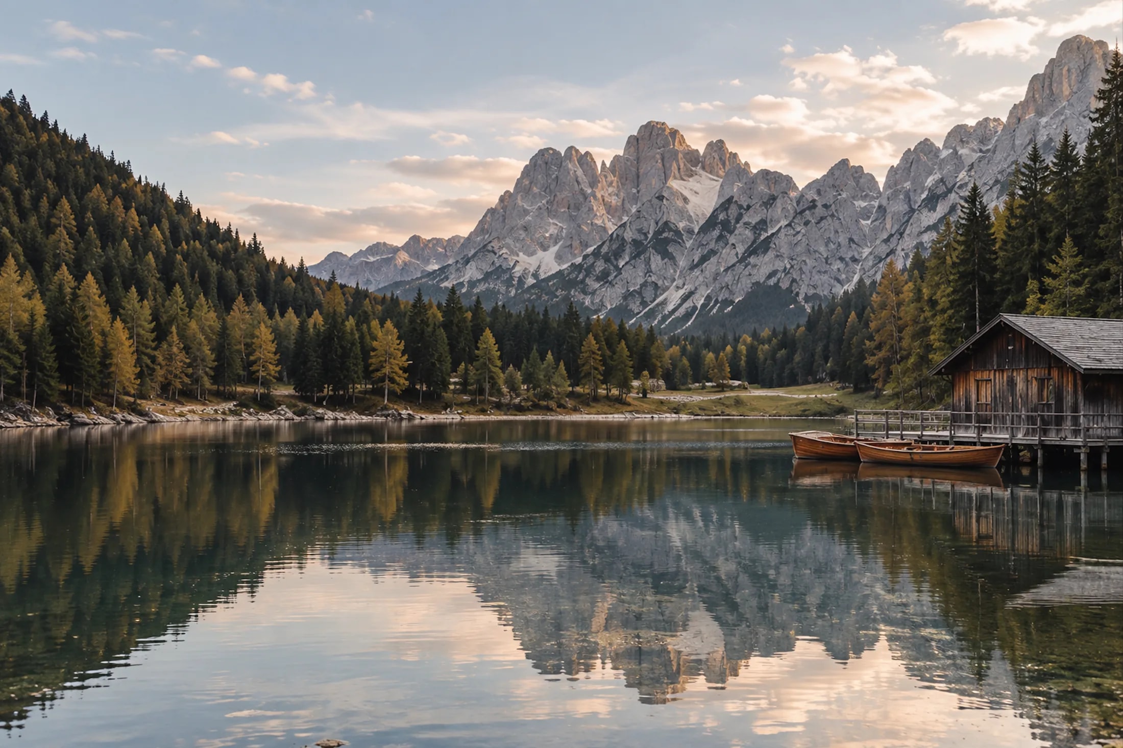 A calm alpine lake and wooden boathouse beneath the Dolomites in autumn.