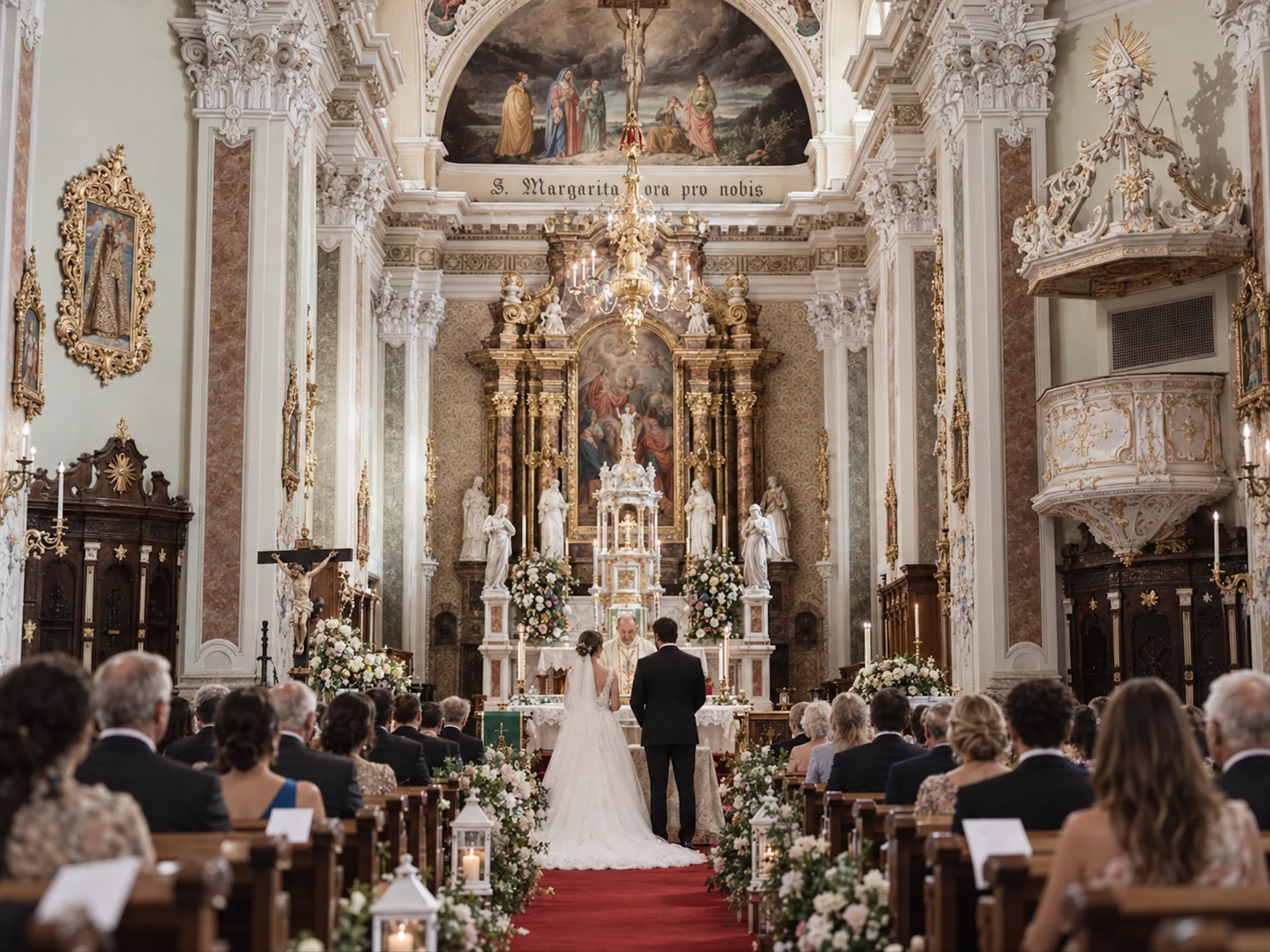 A bride and groom stand at the altar during a church wedding with guests seated behind them.