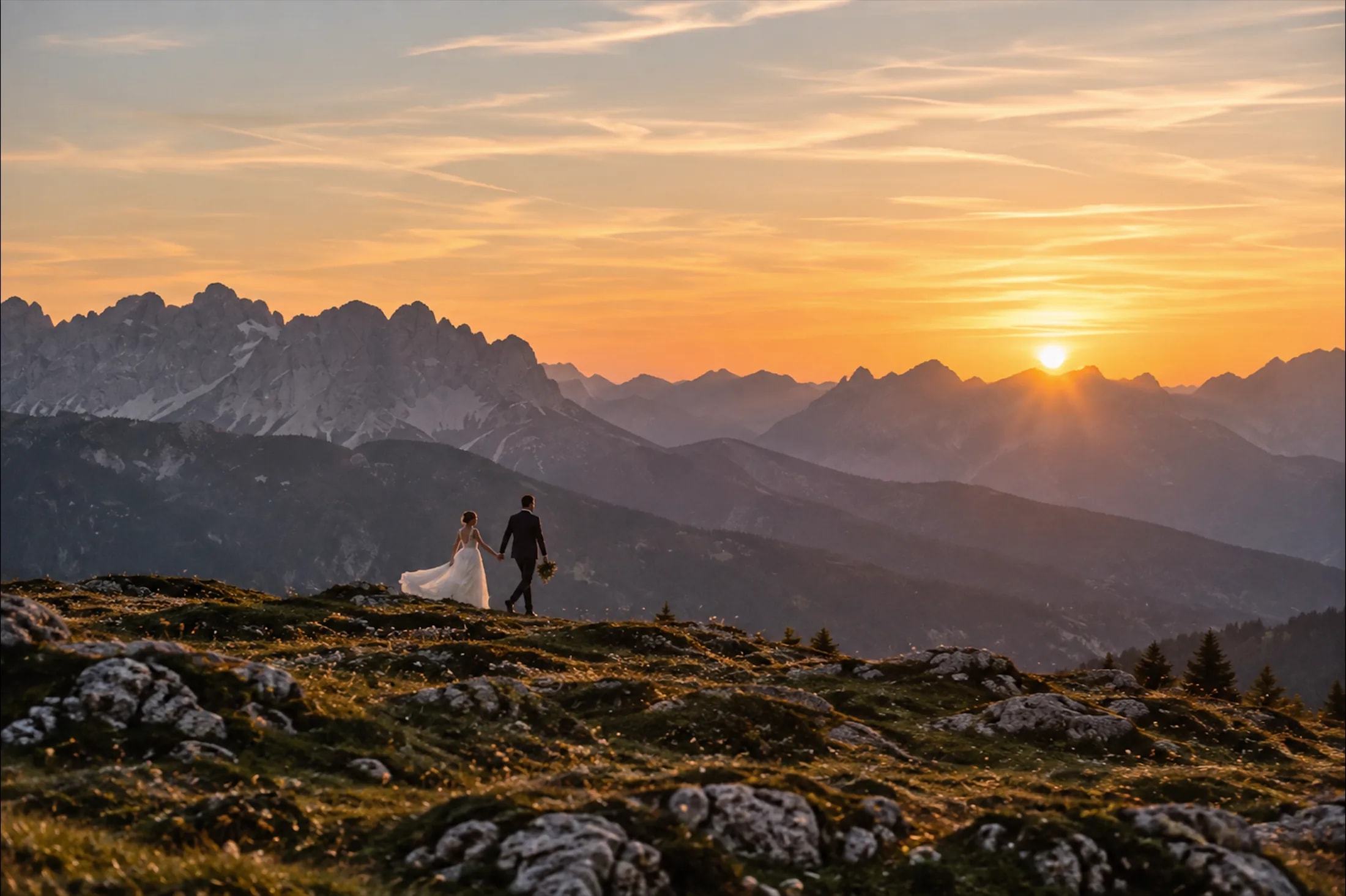 Newlyweds walk along a mountain ridge at sunset in the Dolomites.