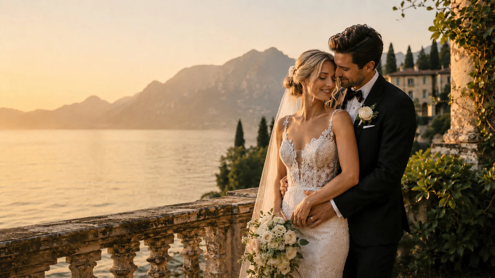 A wedding couple embracing on a Lake Garda terrace at sunset.