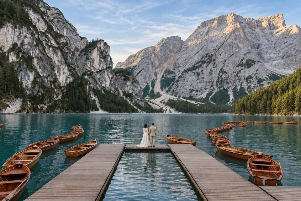 A newlywed couple on the Lago di Braies boathouse dock at sunrise, surrounded by wooden rowing boats and the Dolomites.