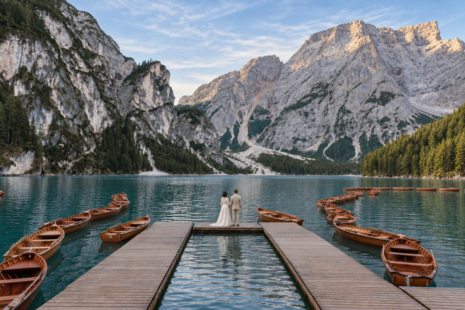 A newlywed couple on the Lago di Braies boathouse dock at sunrise, surrounded by wooden rowing boats and the Dolomites.