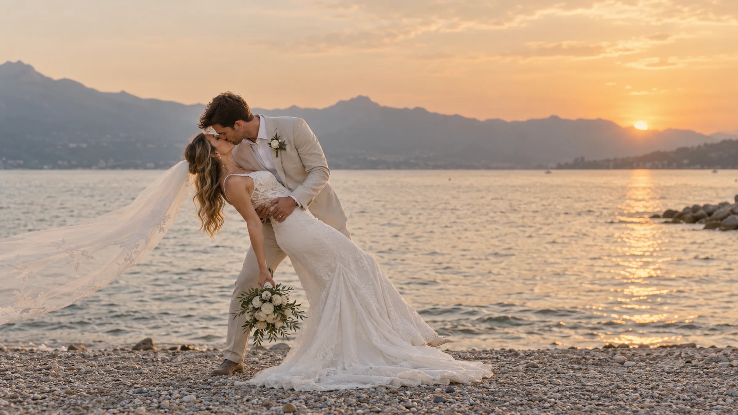 A wedding couple kissing beside Lake Garda at sunset, with mountains across the water.