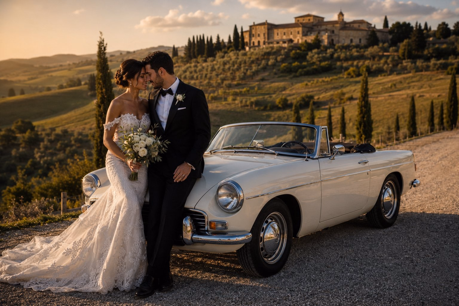 Gli sposi accanto a un’auto cabriolet d’epoca al tramonto.