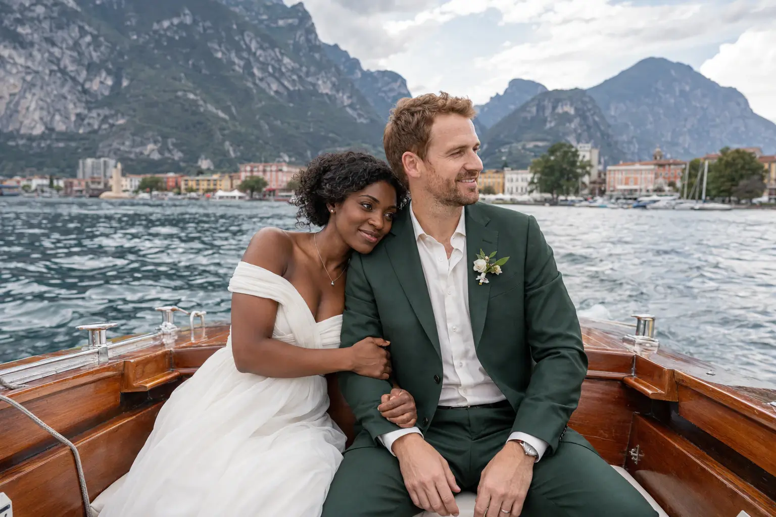 Bride and groom on a wooden boat during a wedding in Riva del Garda, surrounded by Lake Garda and dramatic mountain views in Northern Italy.