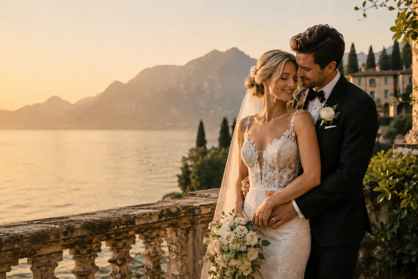 Portrait of a newly married couple on their wedding day in Italy, enjoying the sunset by Lake Garda.