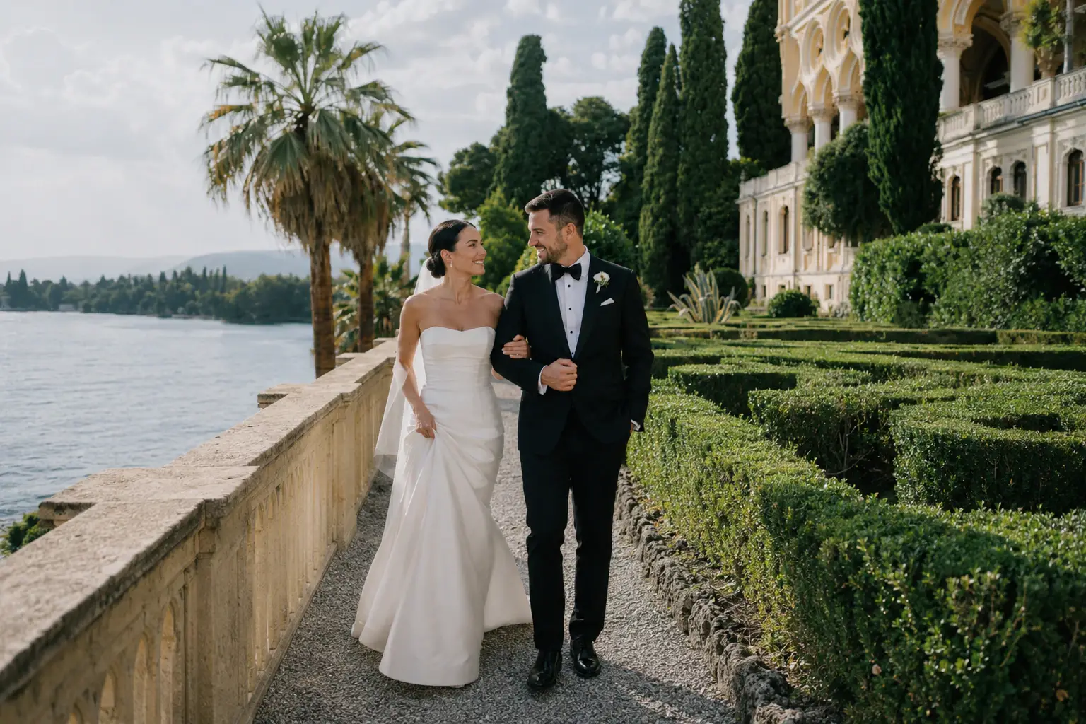 Newlyweds walking through lakeside villa gardens.