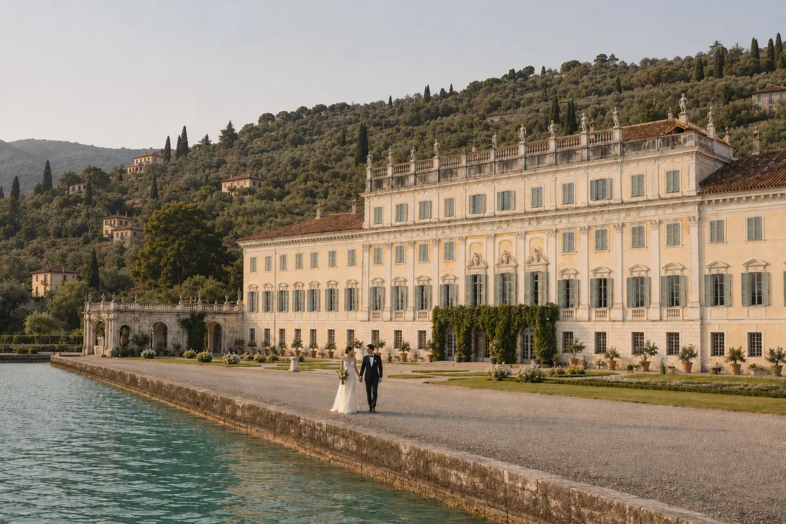 Italy wedding couple walking in front of Villa Bettoni on Lake Garda during golden hour.