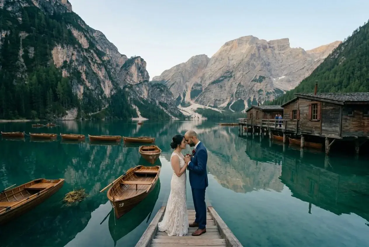 Bride and groom standing on the iconic dock at Lago di Braies in the Italian Dolomites, surrounded by emerald alpine water.