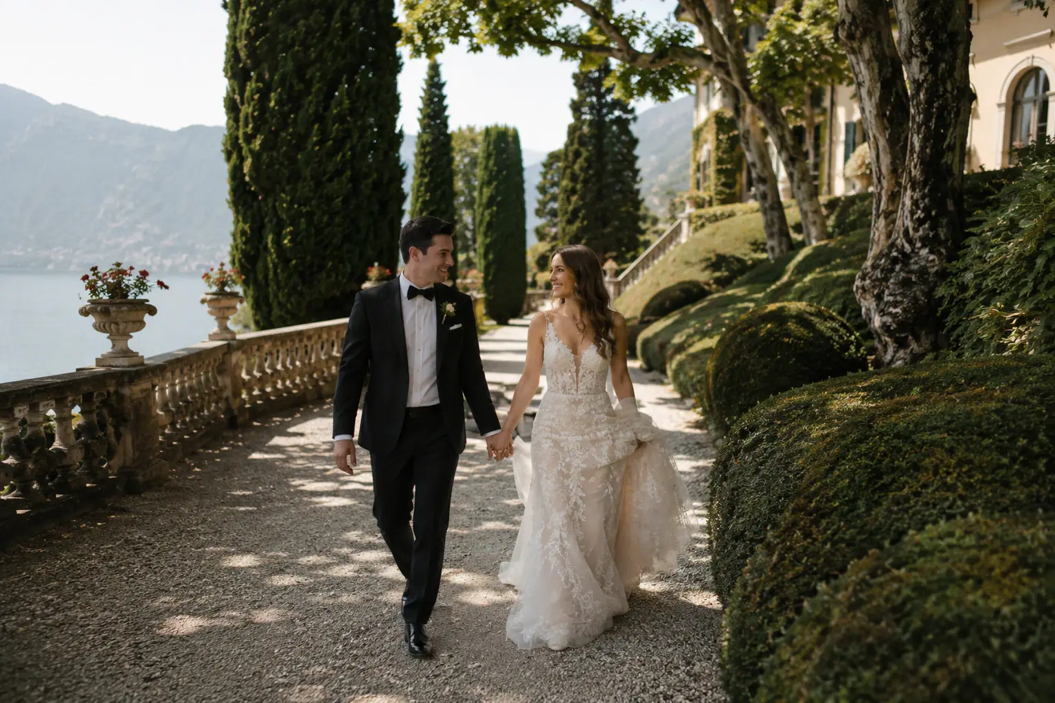 Bride and groom walking through the gardens of Villa del Balbianello on Lake Como, romantic destination wedding photography in Northern Italy