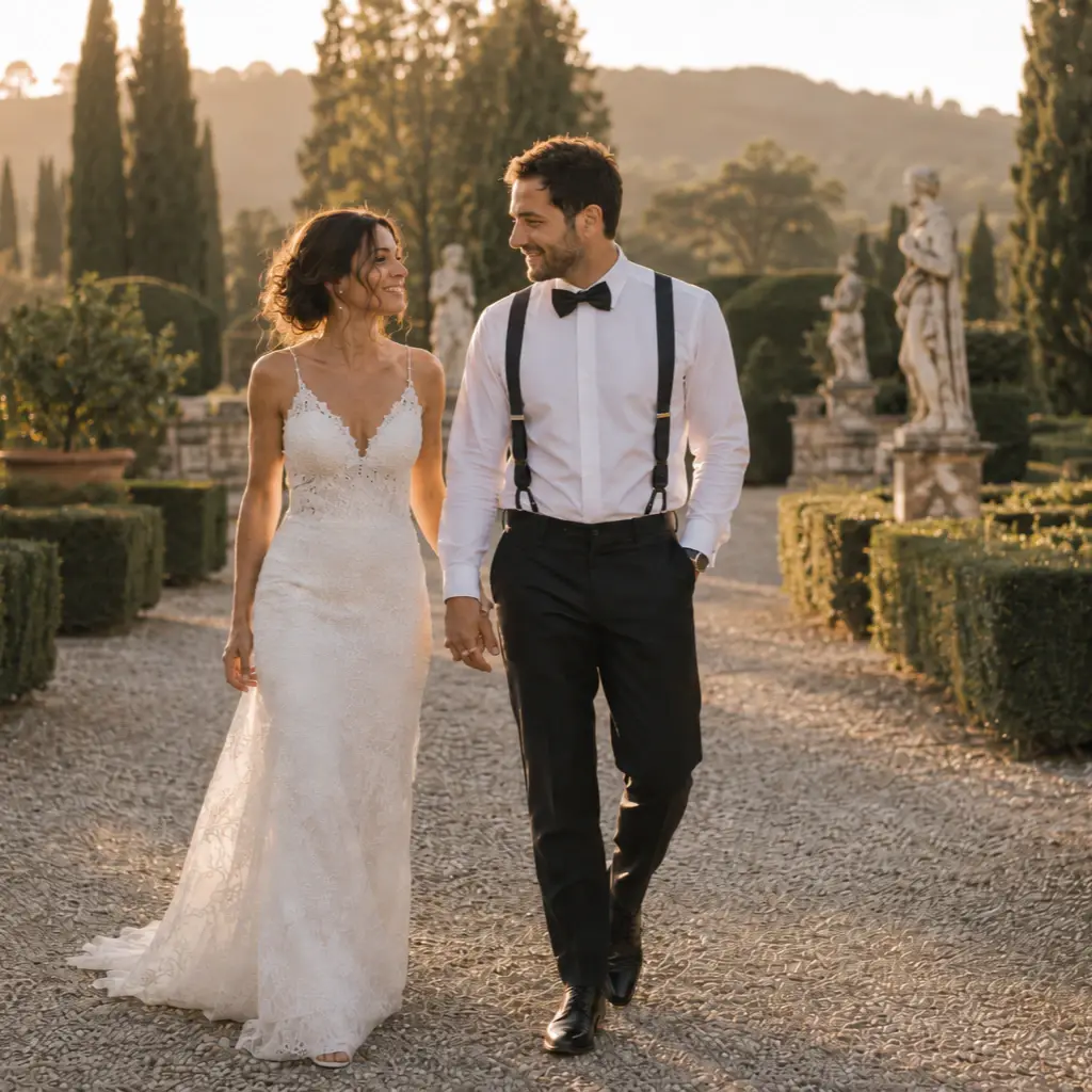 Una coppia passeggia nel giardino di una villa in Toscana.