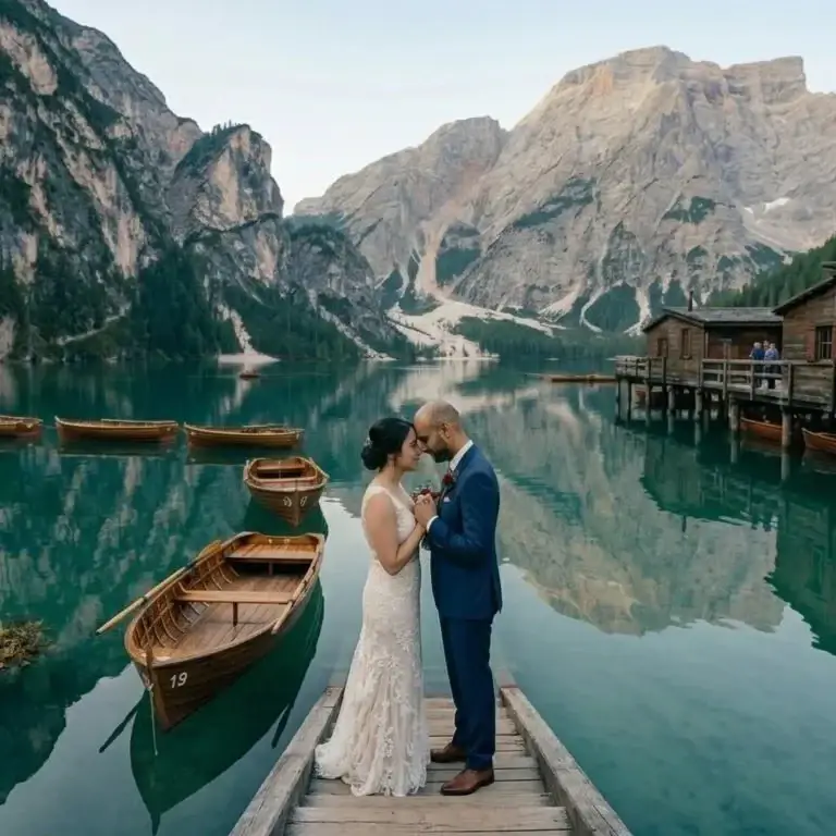 Una coppia nelle Dolomiti accanto a un lago alpino.