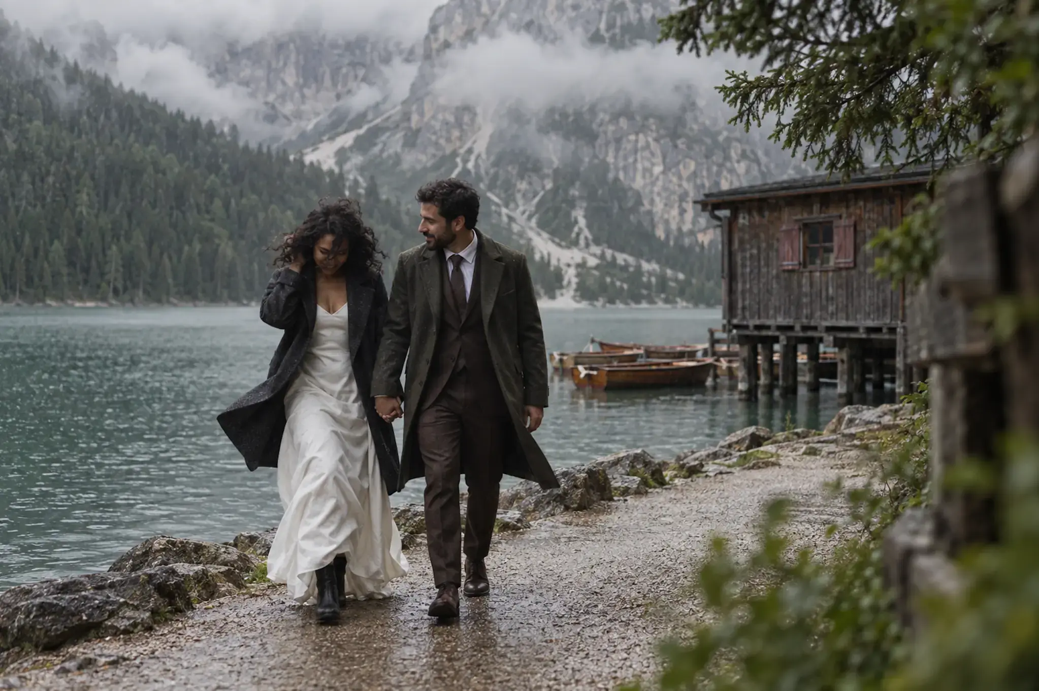 A newlywed couple walking beside Lago di Braies in light rain, with the misty Dolomites behind them.